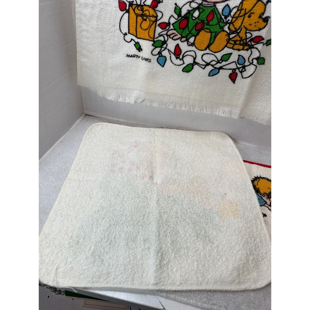 Vintage 80s Hallmark Marty Links Christmas Towel Set White Holiday Kitchen 3pc
